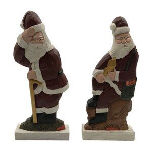 Hand-Carved Wooden Santa Claus Figurines Set Of 2